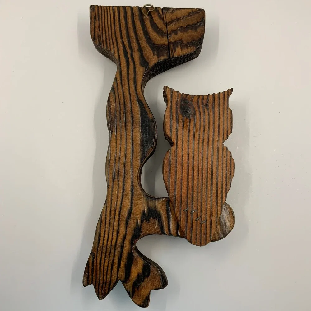 Vintage Hand Carved Burnt Wood Owl Branch Wall Hanging Brown 10.5x5.5in